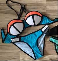 Bikini neon 3 kolorowe turkus biel pomarańcz M strój kąpielowy push-up