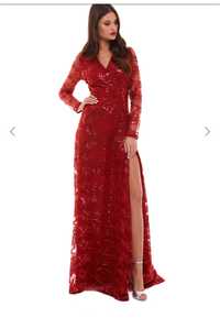 Sukienka na wesele długie rękawy Alfa czerwona cekiny balowaa czerwon
