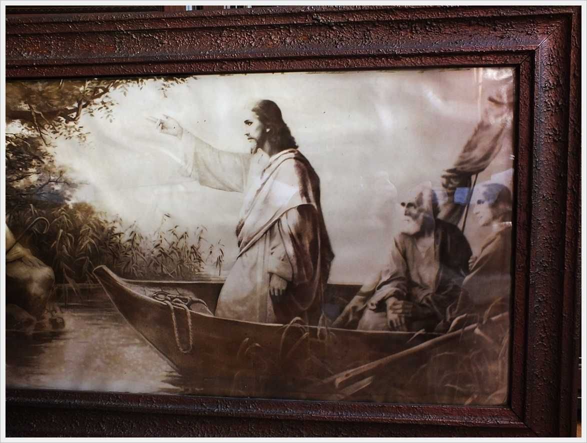 Stary duży obraz "Jezus na łodzi" 135cm x 67cm Oryginał!