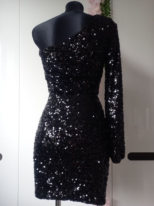 Sukienka Mini mała czarna cekiny Made in Italy 34, 36, XXS, XS bal wes