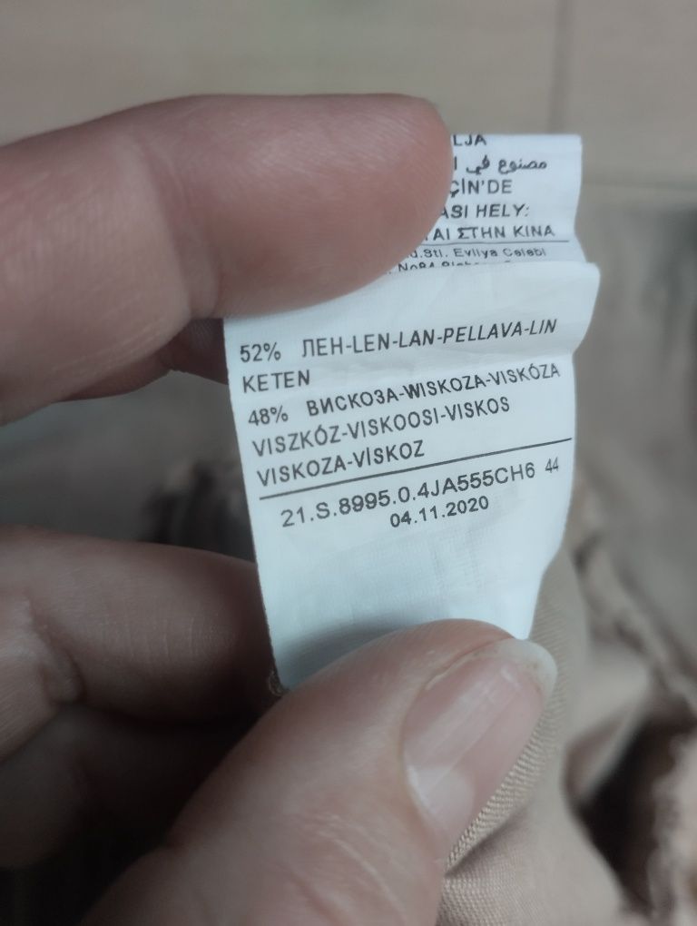 Sisley szerokie spodnie z lnem r. 44 kolor beżowy/piaskowy