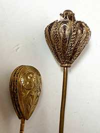 2 raros antigos alfinetes de chapéu dourados Séc. XIX