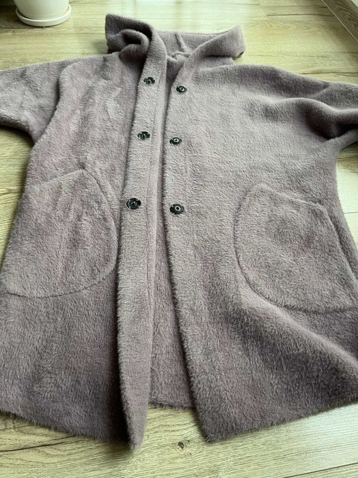 Damski sweter kardigan lawendowy z kapturem XL