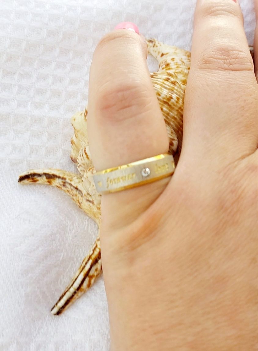 Anel aço inoxidável prateado e dourado com forever love