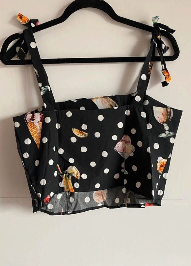 Mango - Czarny croptop w groszki - rozmiar M/L - na wakacje wisienki