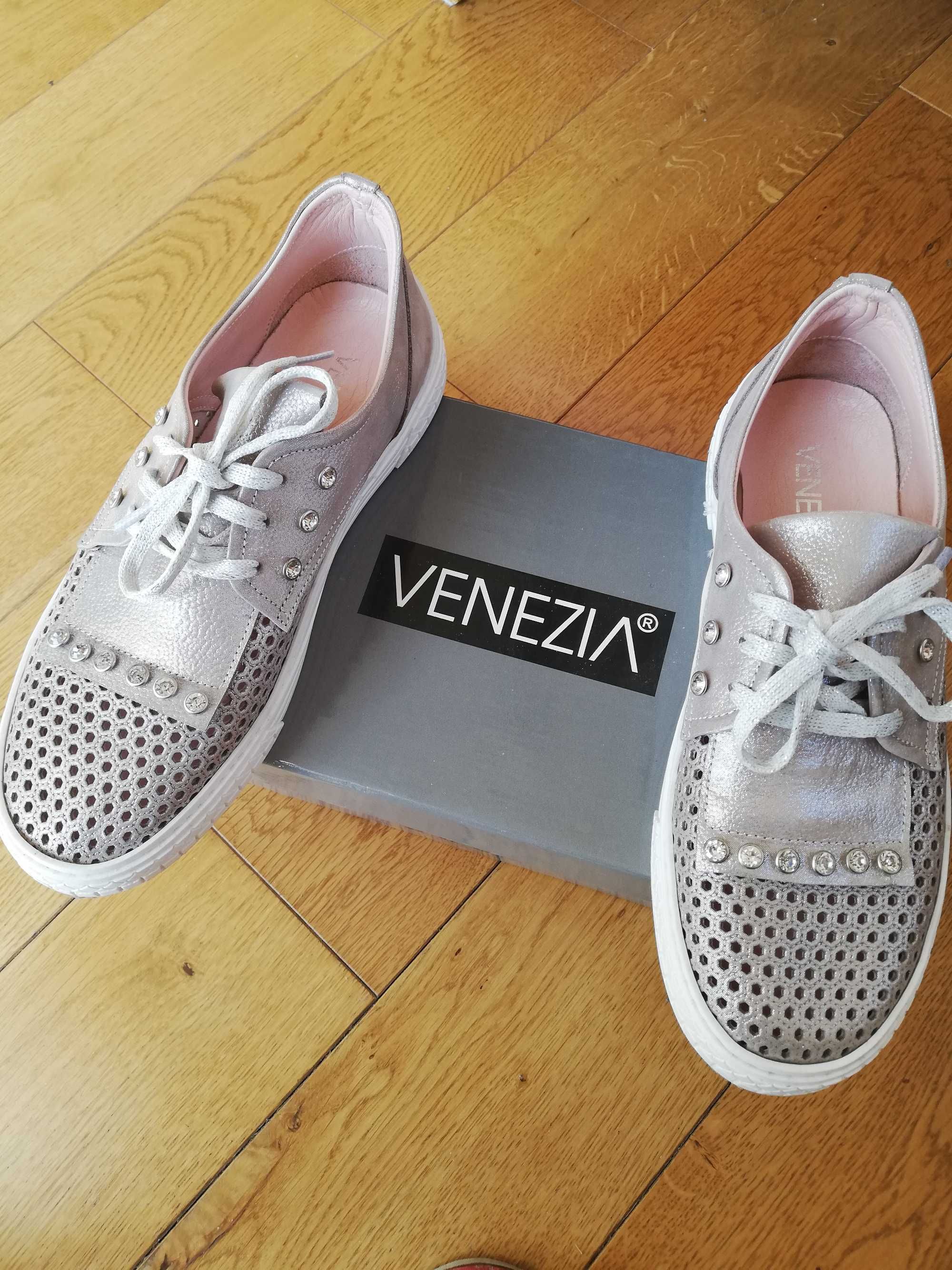 Trampki sneakersy półbuty Venezia metaliczne ażurowe skóra