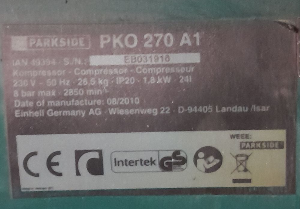 Kompresor Parkside PKO 270 A1 – niekompletny, do naprawy / na części