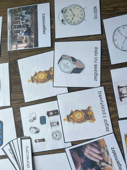 Karty trójdzielne, rodzaje zegarów, zegar, Montessori, do terapii, nau