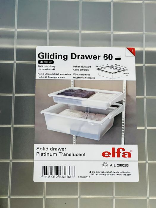 Szuflada z pokrywą system Elfa 436mm x 605 mm srebrny Platinum wsporn