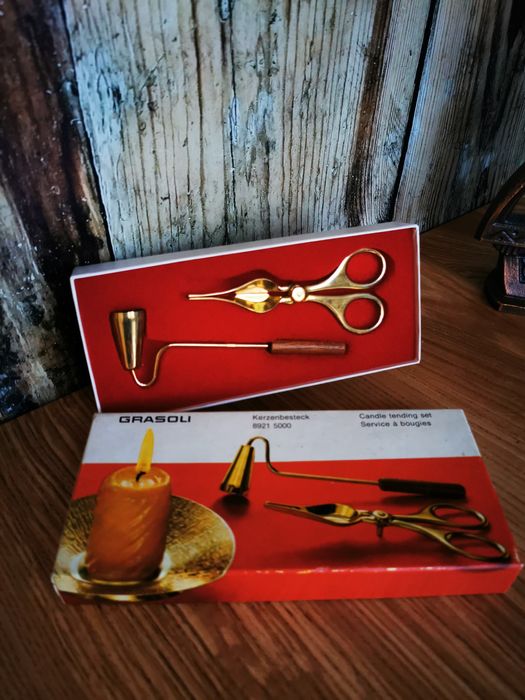 Zestaw do gaszenia świec, gasidło,  nożyczki do knotów, mosiądz