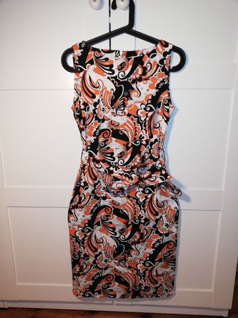 Sukienka rozciągliwa czarna biała pomarańczowa H&M hippie vintage boho