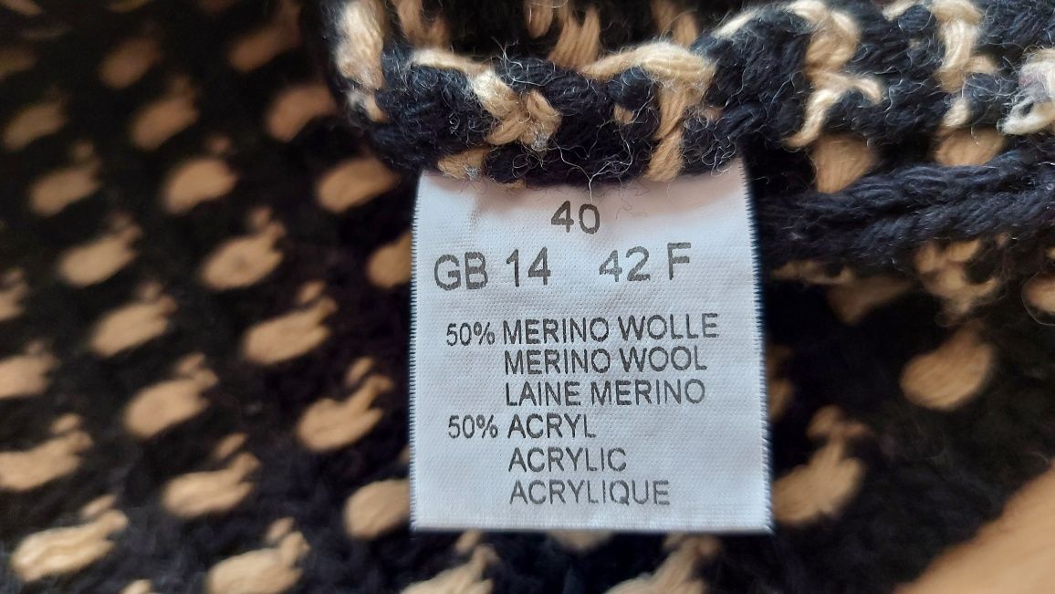 Oryginalny sweter Lecomte 40, czarno-beżowy, wełna merino