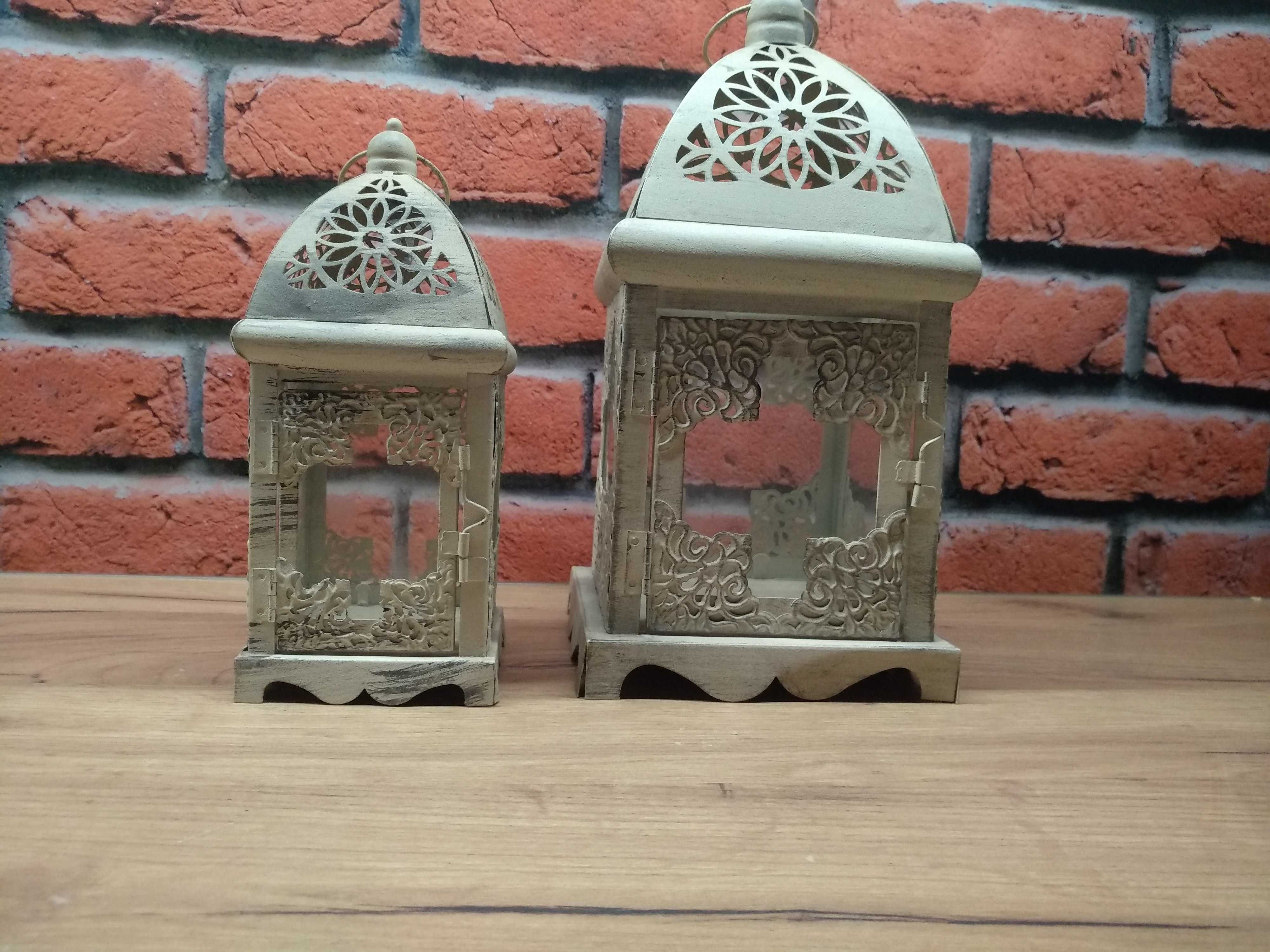 Zestaw dwie latarenki metal szkło postarzane przecierane vintage