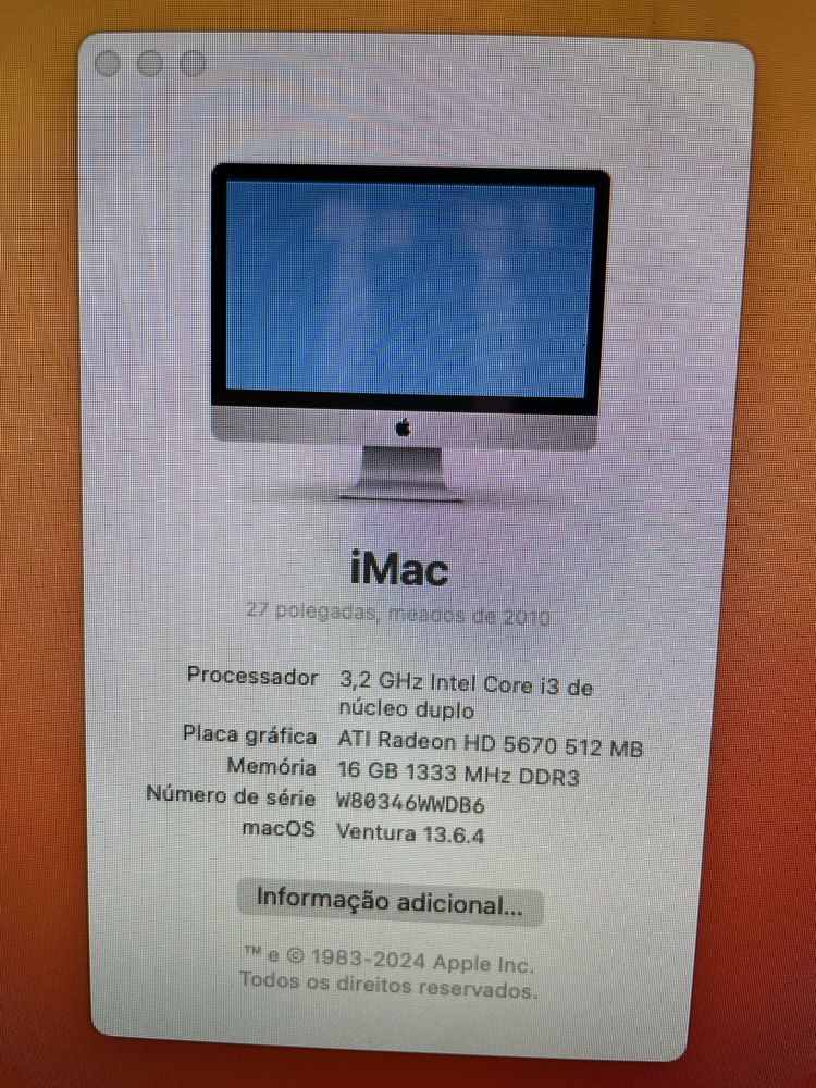 imac 27 Inch /Intel Core I3 3,2 GHz/ 16GB ram / macOS Ventura 13.6.4