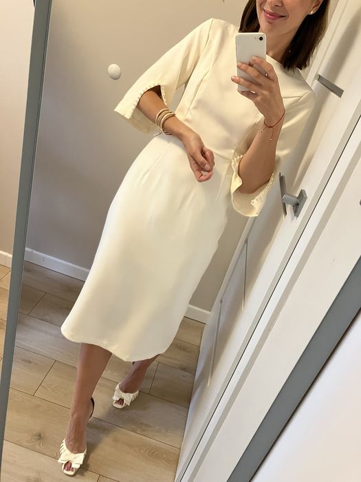 Piękna Biała Sukienka Midi Kobieca Elegancka Ślub Wesele Chrzest