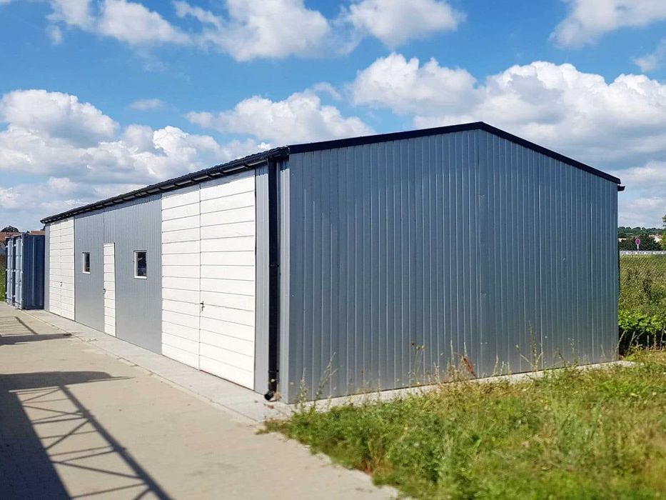 Blaszana hala 18×6m Okno Drzwi Rynna - srebrny/ biały