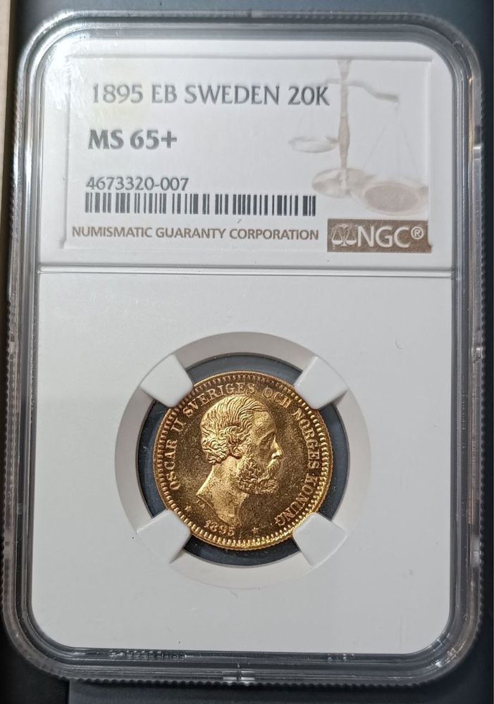 20 крон 1895, Швеция, золото, слаб NGC, MC65+, супер состояние!