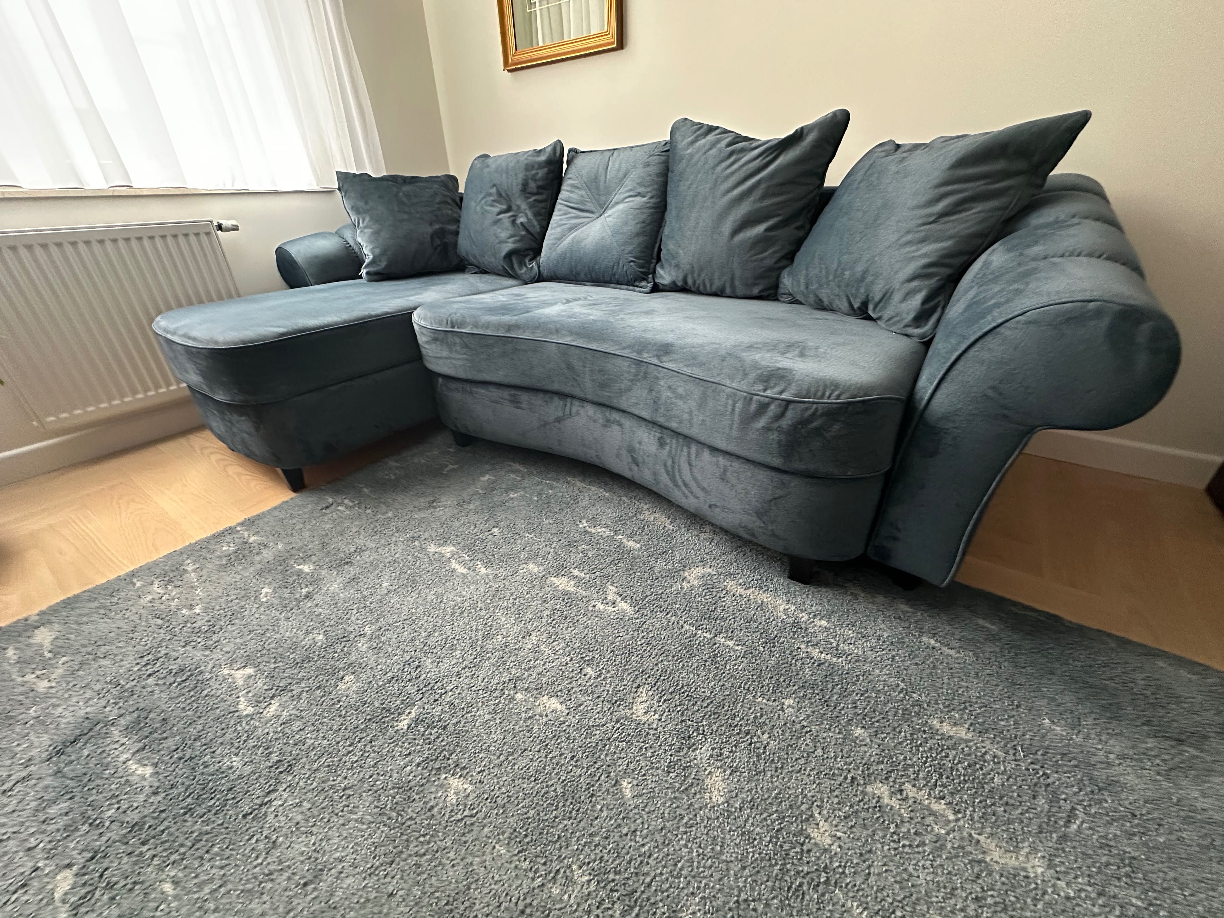 Sofa narożna, z możliwością spania, welurowa zielono-granatowa