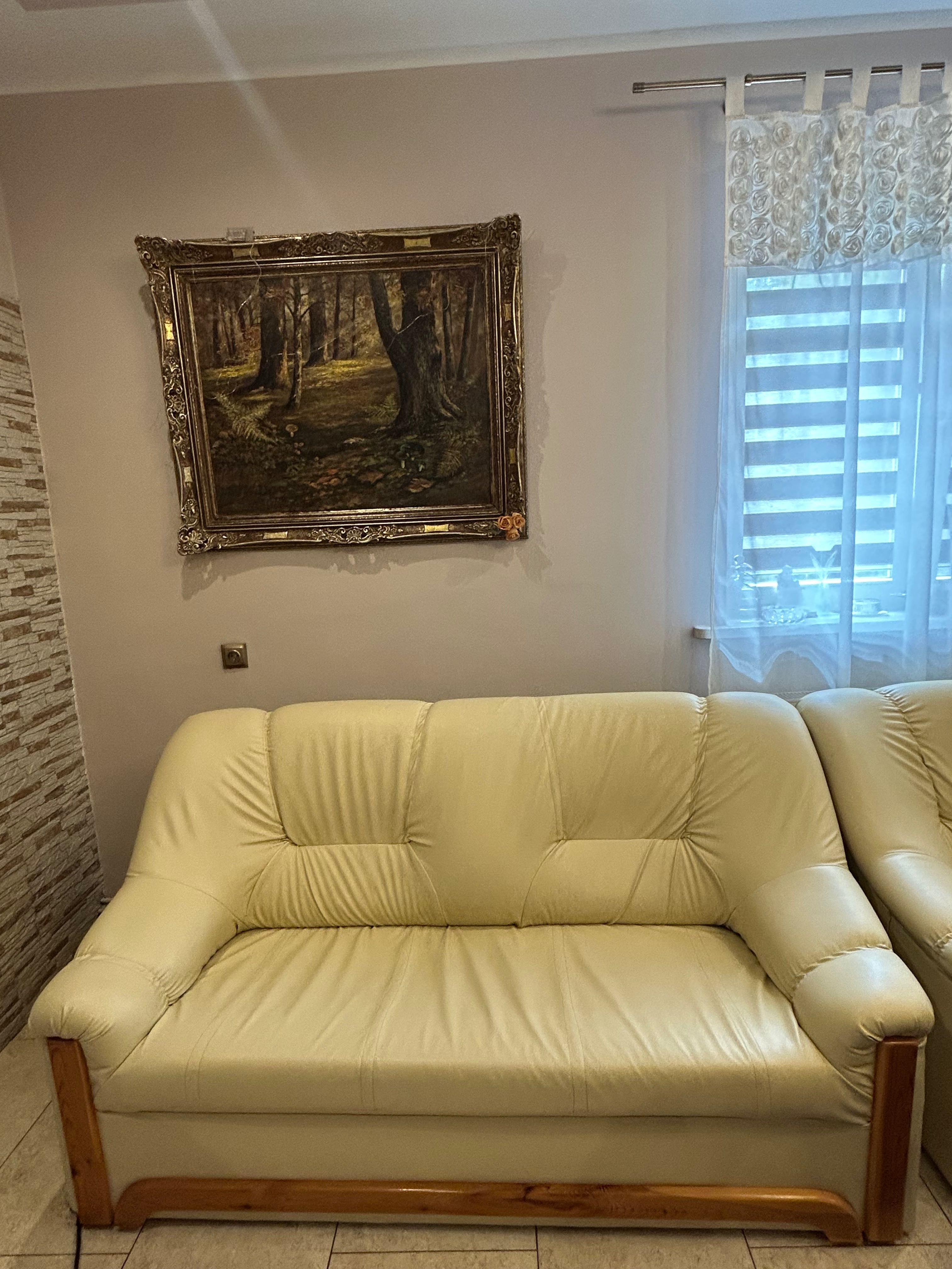Komplet wypoczynkowy: sofa + 2 fotele, skaj, ecru, bardzo dobry stan!