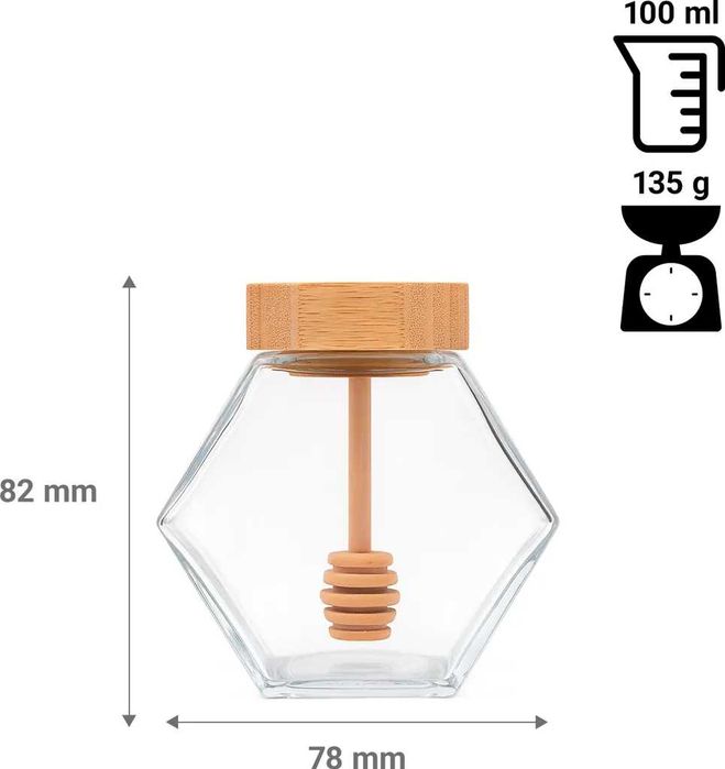 Szklany Słoik na Miód z Pałeczką i Zakrętką Bambusową 100ML