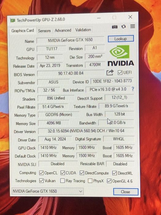 Продам видеокарту Asus GTX1650 GDDR6