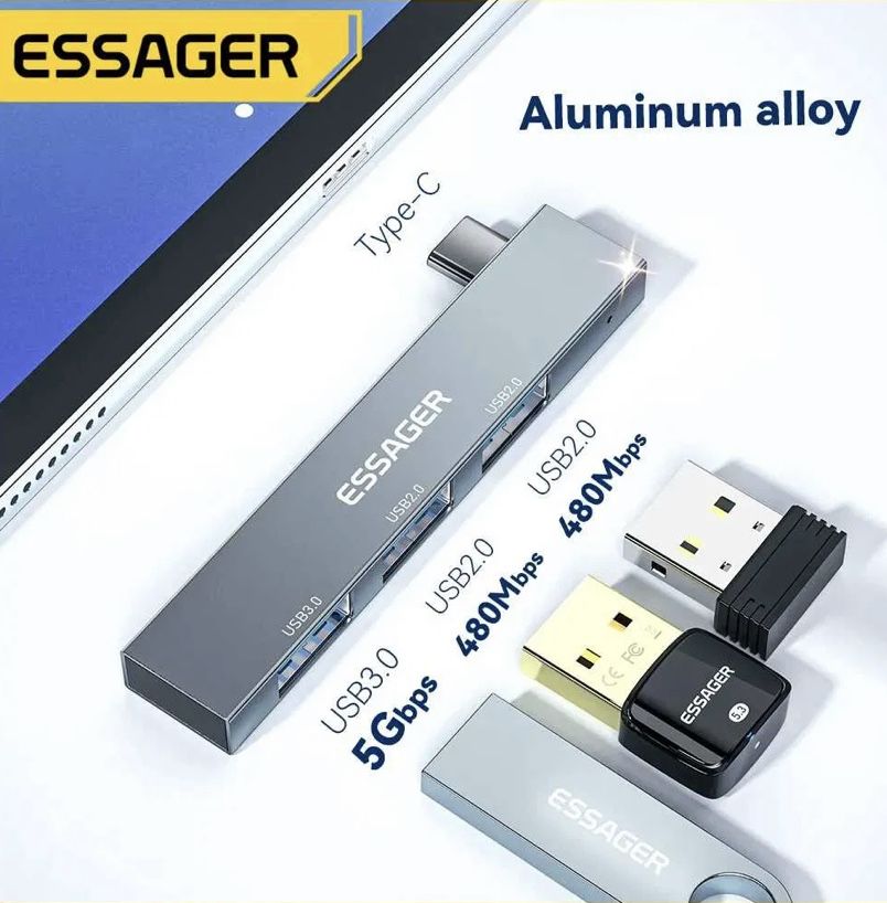 Адаптер Essager 3 в 1 USB HUB (Type C)