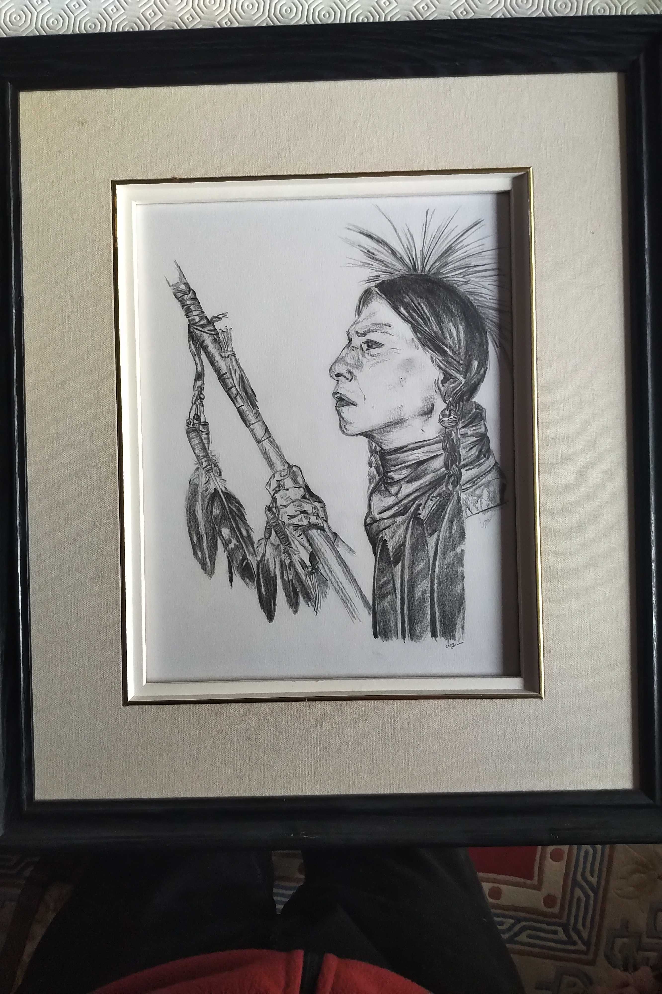 artysta amerykanski Cheyenne Warrior grafika/rysunek orginal sygnowany