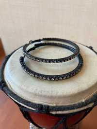 Серьги-кольца сережки стразами черные серебряные 60-80 Новый год