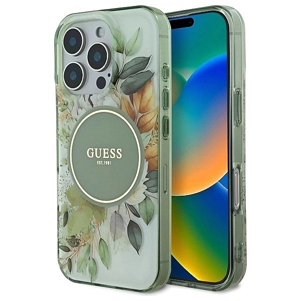 Etui Guess IML Flower & Tonal Circle MagSafe na iPhone 16 Pro - zielon