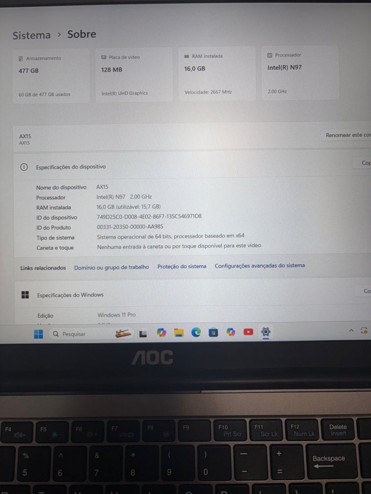 Computador portátil AOC  Intel 7 , 15,6" , 16 GB RAM/512 GB SSD