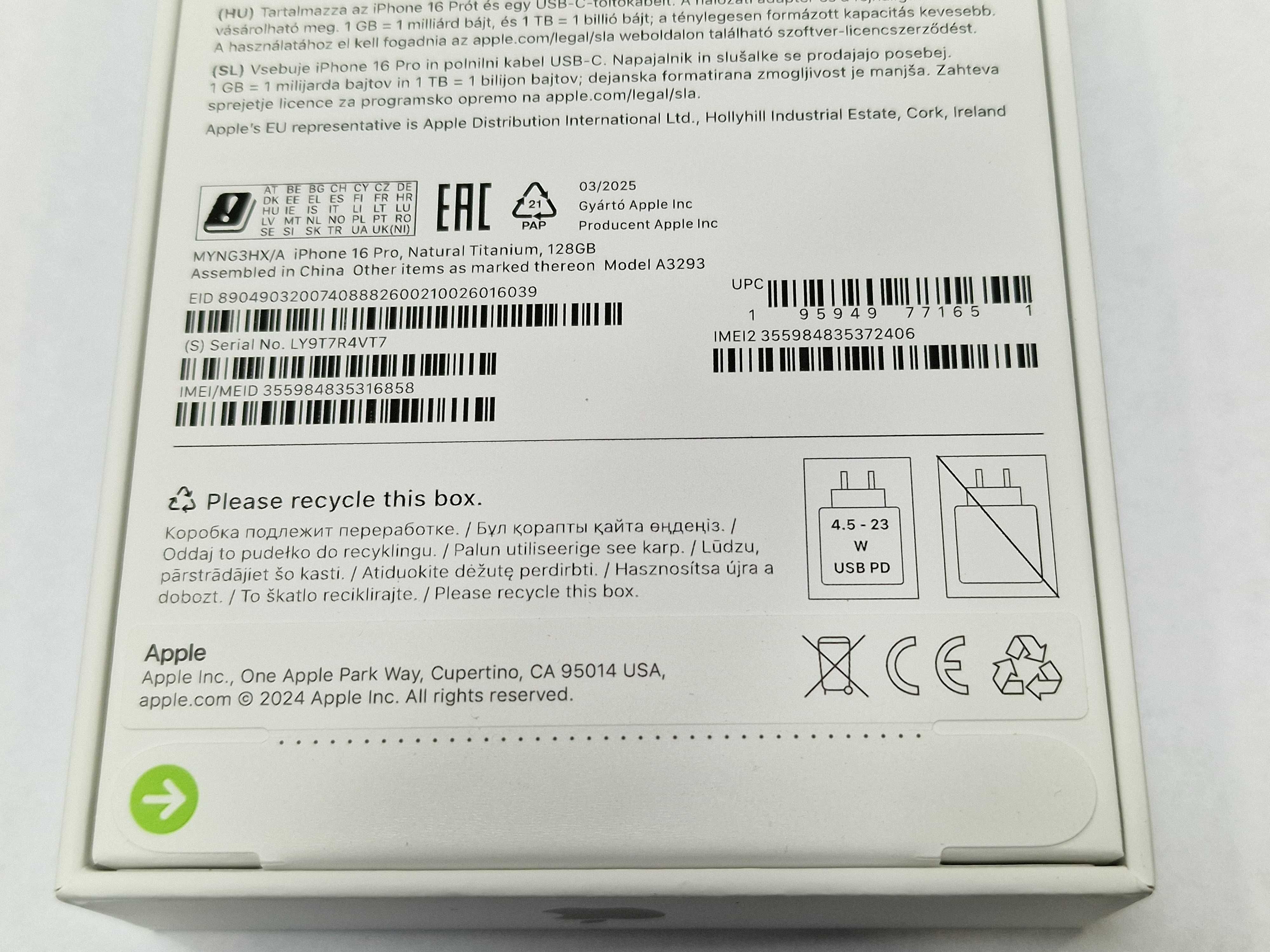 Iphone 16 PRO 128GB/ Natural Titanium/ A3293/ GW12/ BEZ RAT! 2 sztuki