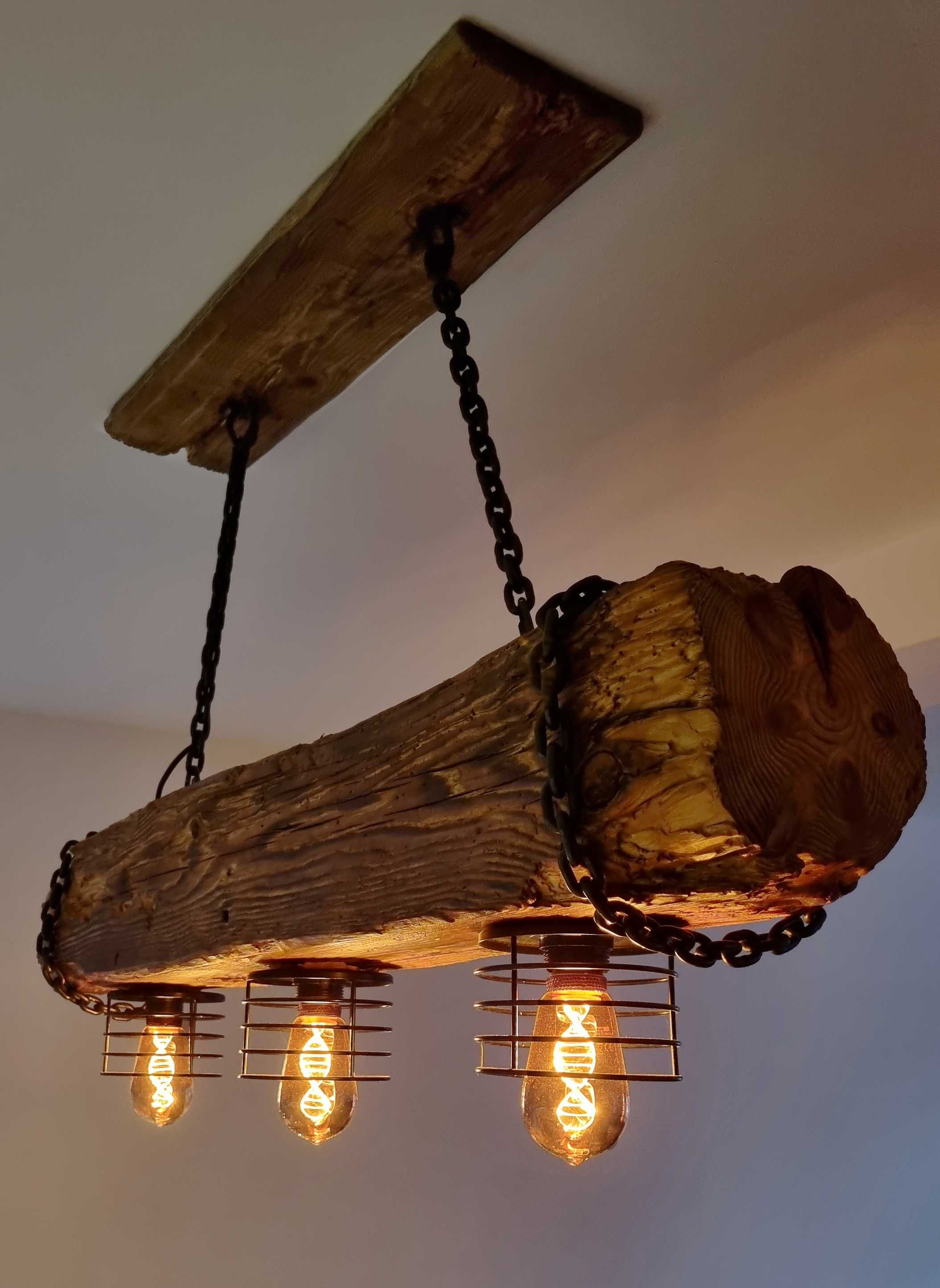 Lampa wisząca belka ciosana drewno 100 cm na łańcuchu 3x E27 handmade