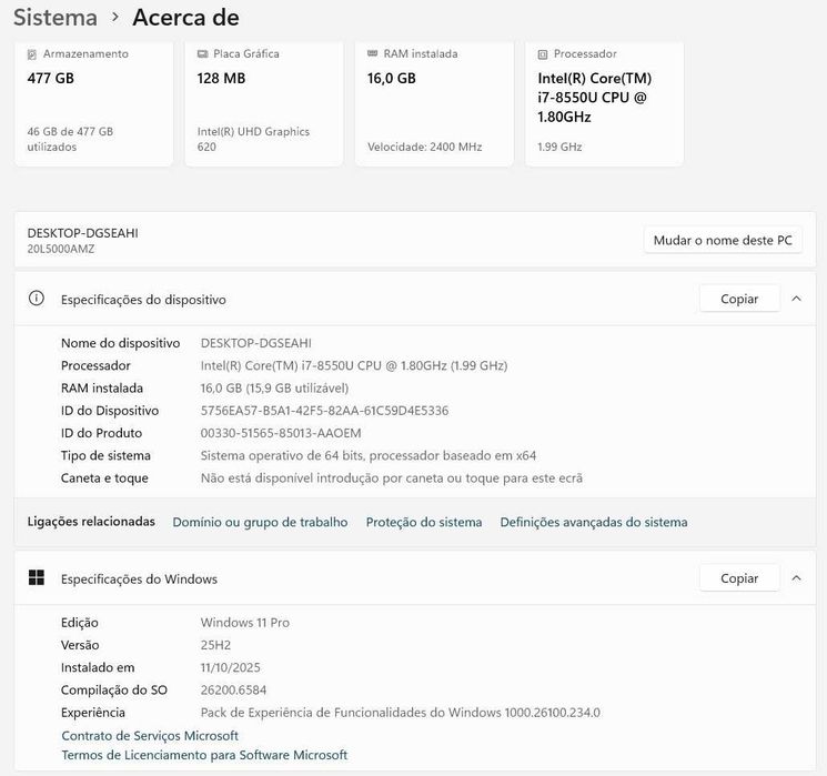 LENOVO Thinkpad T480 i7-8550u 16Gb 512Gb Wifi 4G Win11Pro C/NOVO