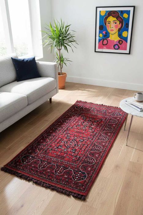 Tkany Dywan Orientalny – Wzór Czerwono-Czarny w rozmiarze 75x150