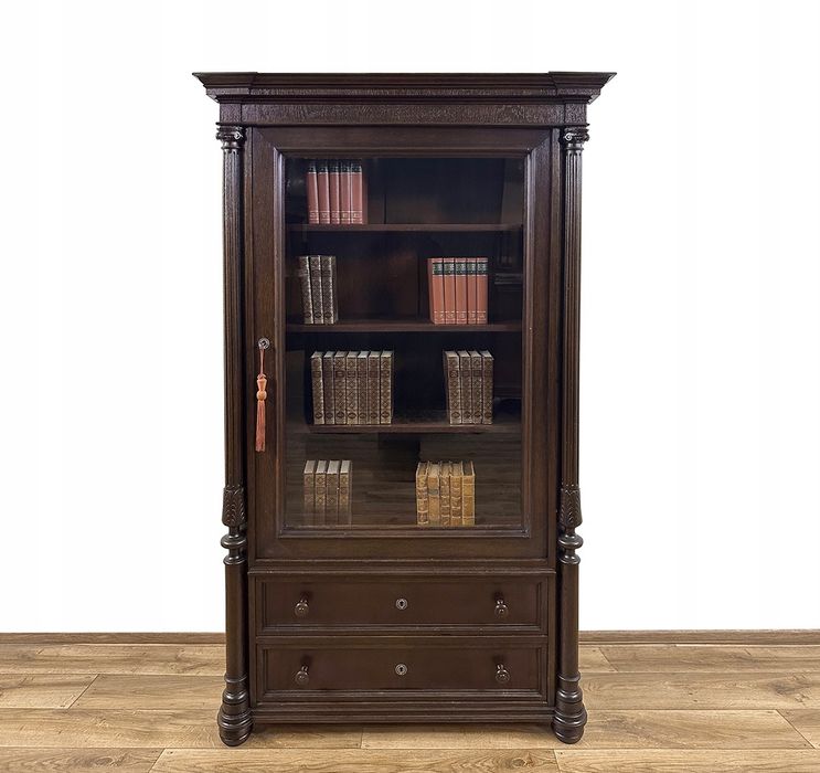 BIBLIOTEKA antyk XIX w. WITRYNA SZAFA rzeźbiona kolumny 2 szuflady