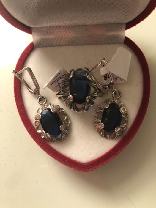 Komplet srebro 925 kolczyki i pierścionek szafir