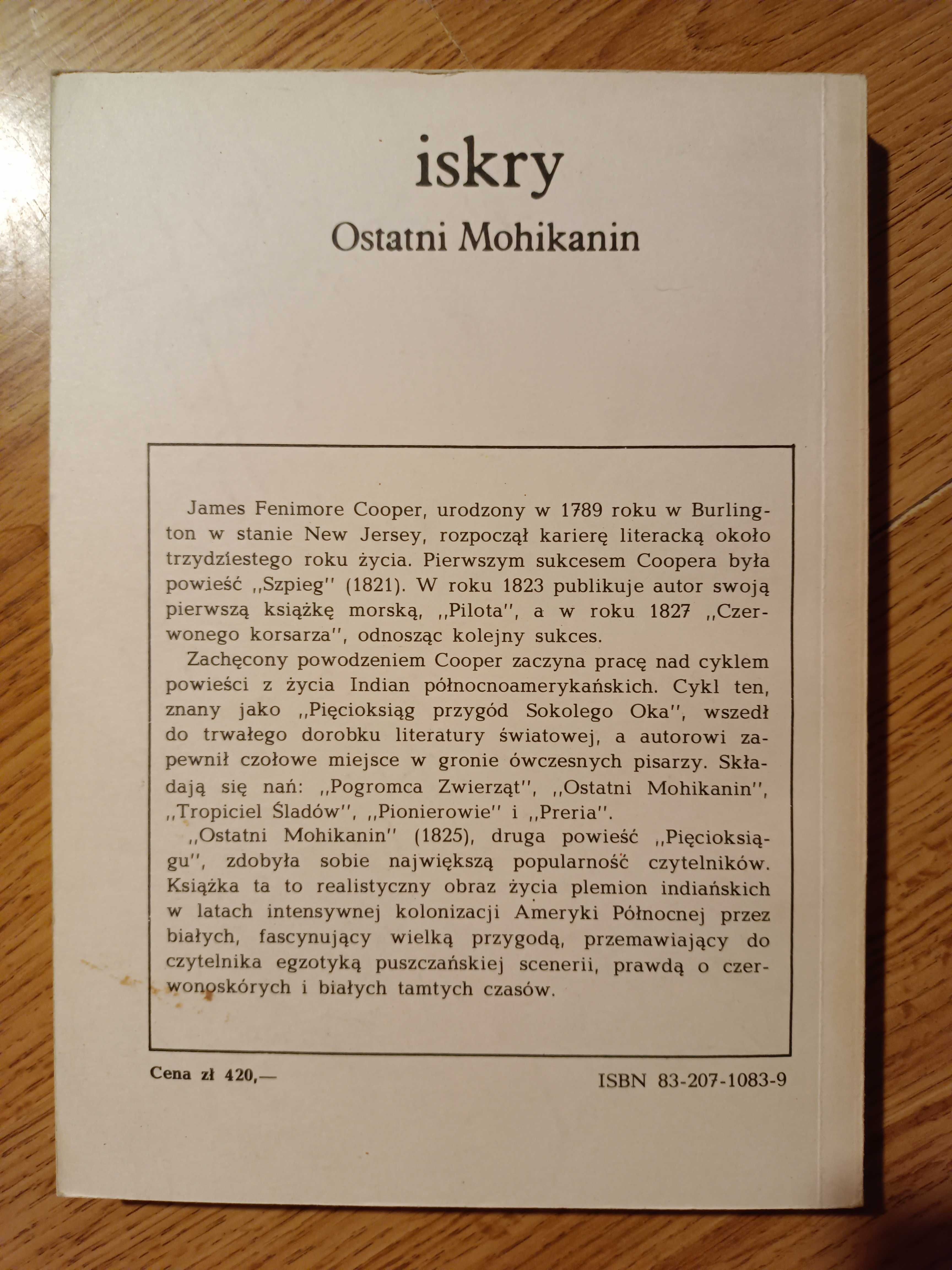 James Fenimore Cooper - Ostatni Mohikanin, Iskry 1988, stan bdb