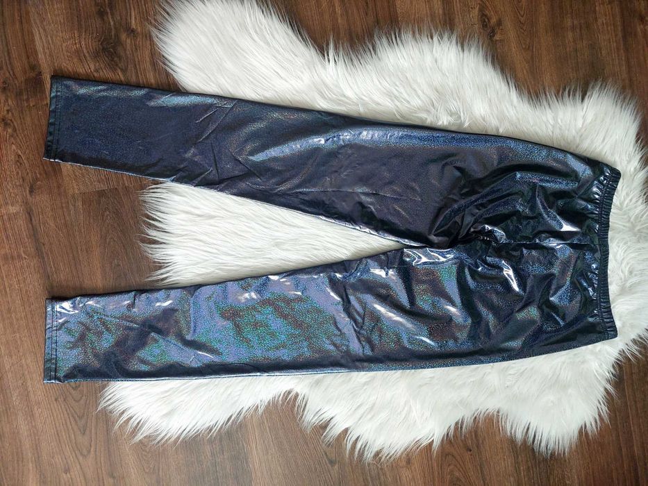 Legginsy disco blyszczace legi spodnie na gumce niebieski brokat s m l
