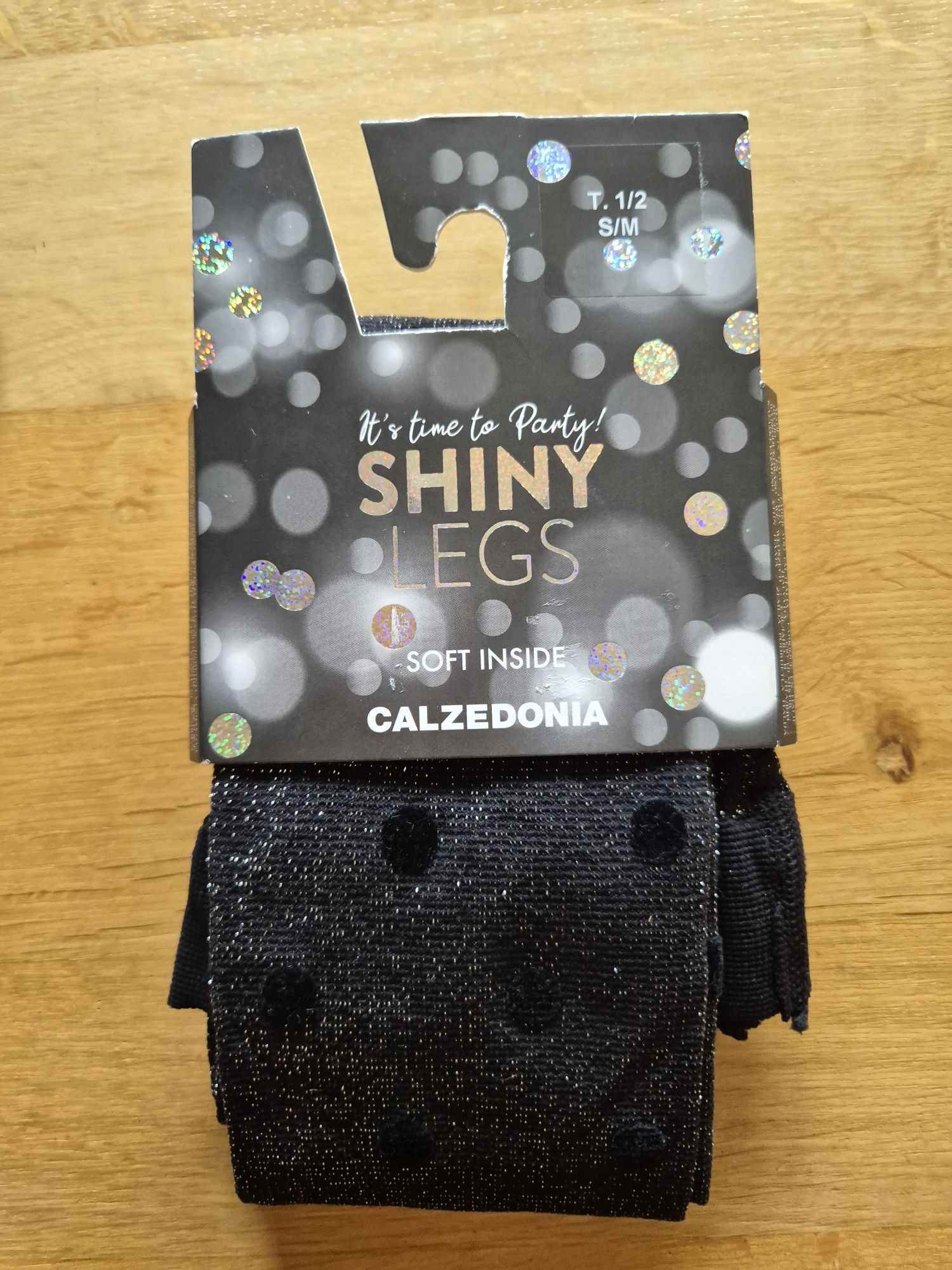 Rajstopy Calzedonia s/m czarne srebrne kryjące flokowane kropki shiny