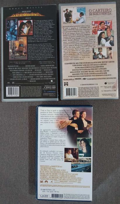 VHS - 3 filmes "Armageddon", "O carteiro de Pablo Neruda" e "Titanic".