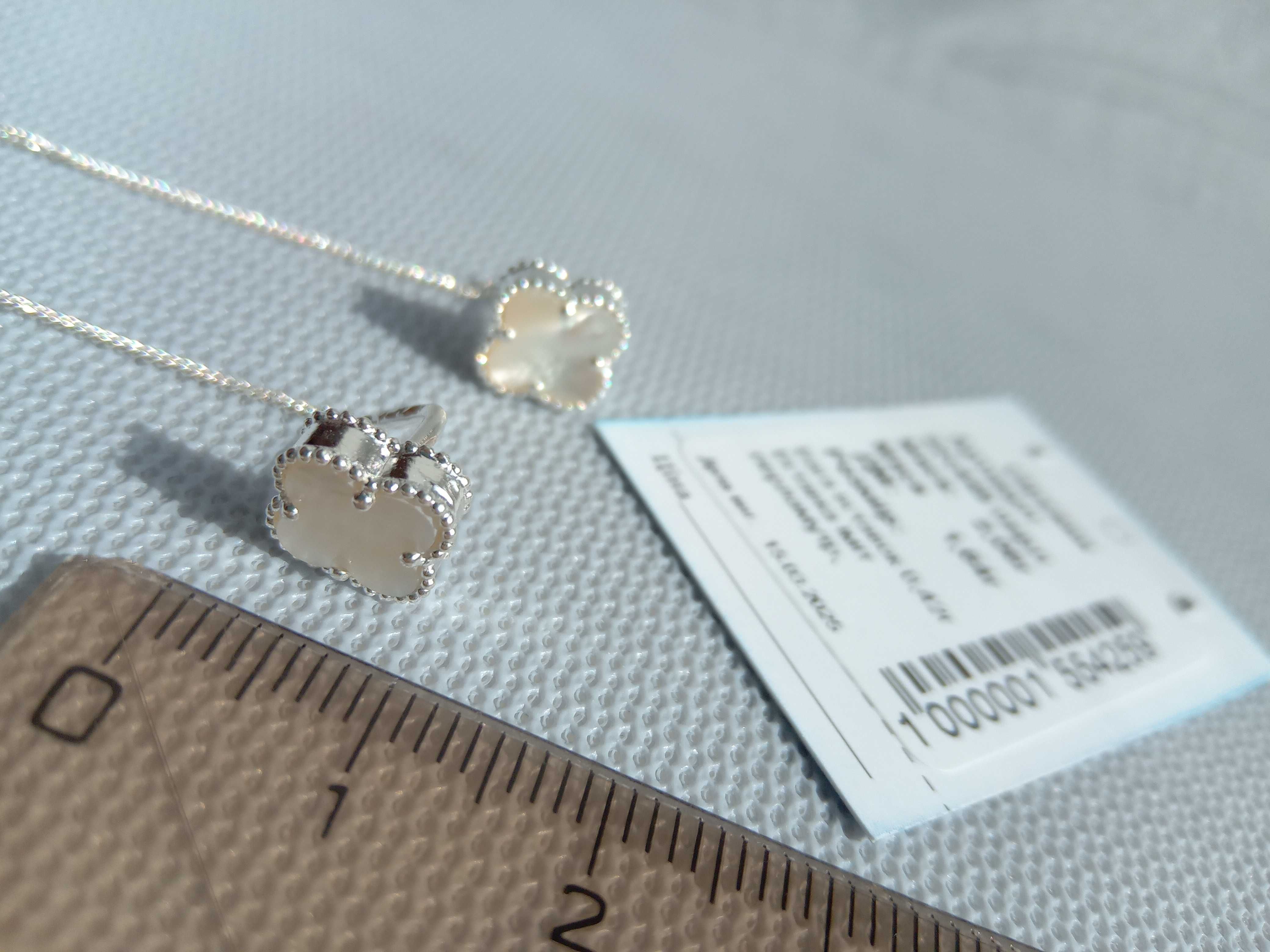 Серебряные серьги протяжки Van Cleef Ван Клиф белый перламутр клевер
