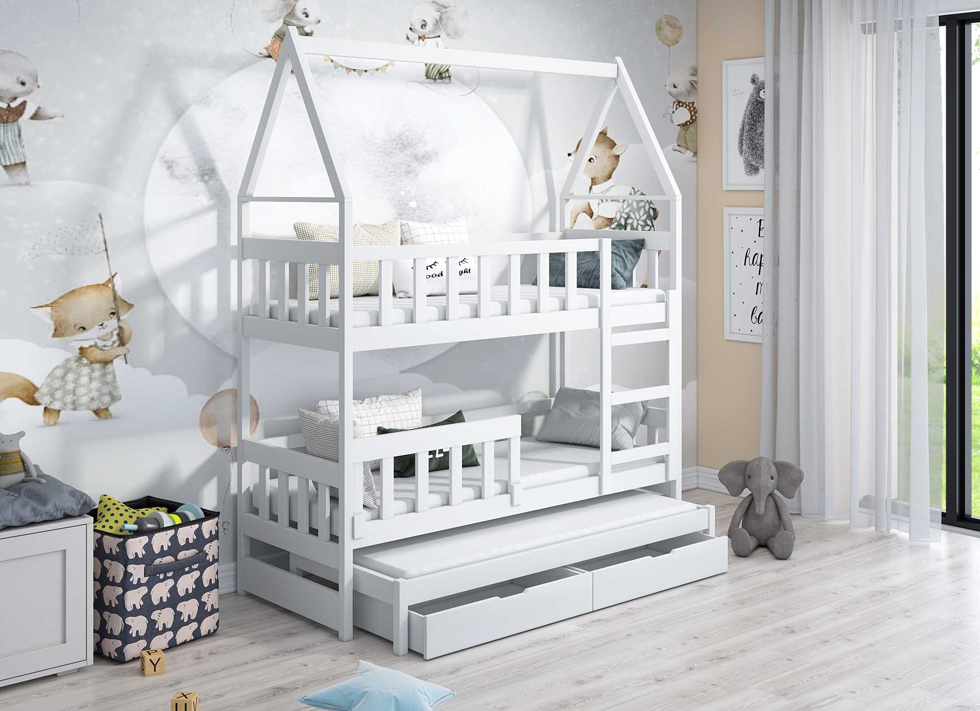 Łóżko piętrowe dla dzieci DOMEK 3 osobowe, materace 160x75 / 180x75