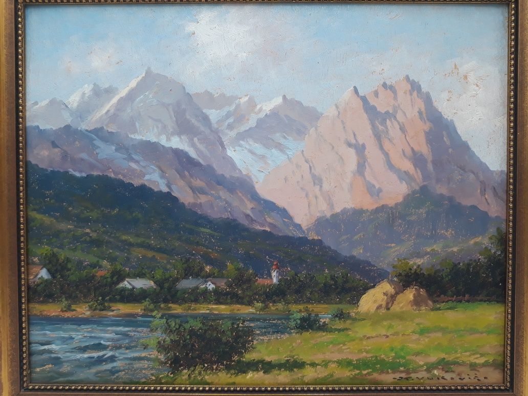 Stary obraz olejny na płycie góry rzeka pejzaż Karl Vukovic