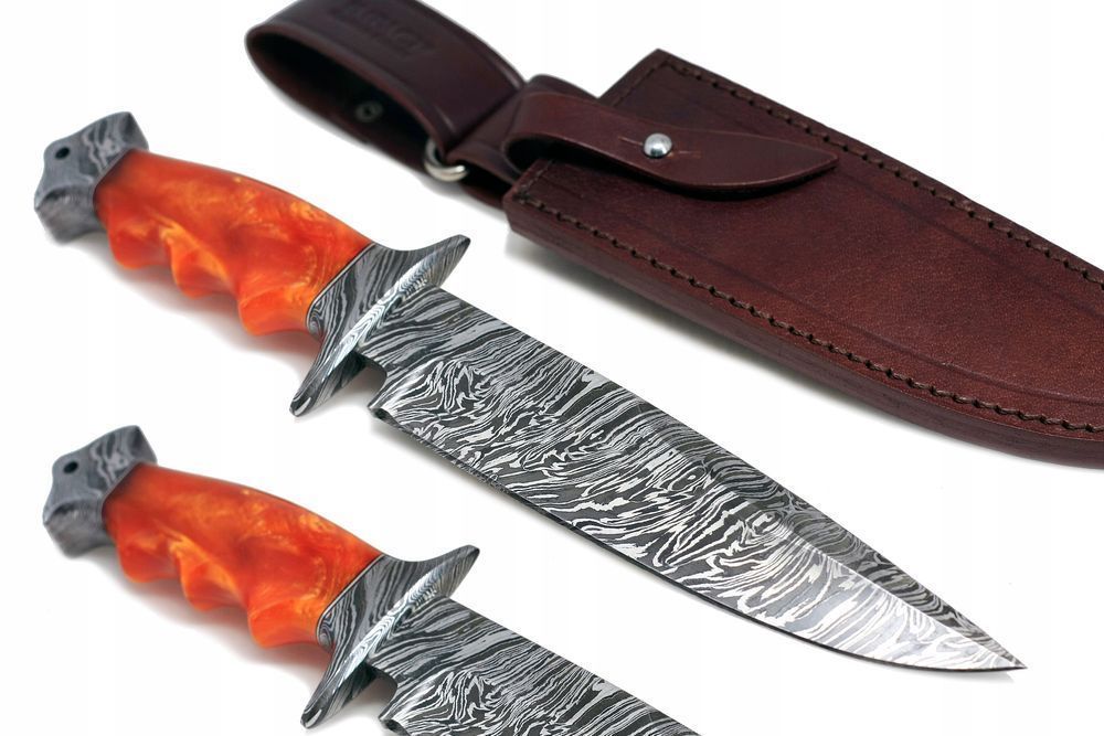 Nóż myśliwski ręcznie wykonany wojskowy BOWIE stal DAMASCEŃSKA ETUI
