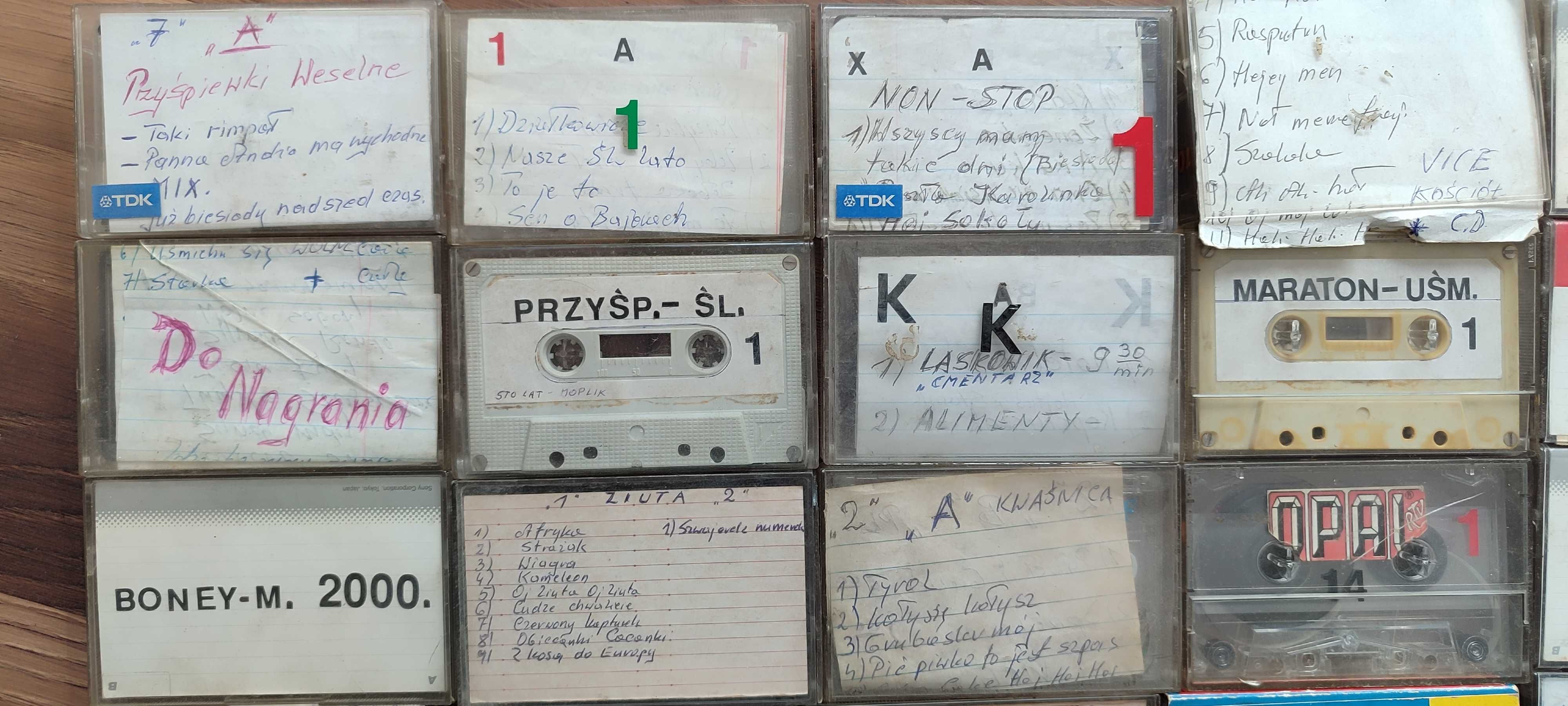 Kasety magnetofonowe, kabarety, szlagiery, disko, przyśpiewki weselne.