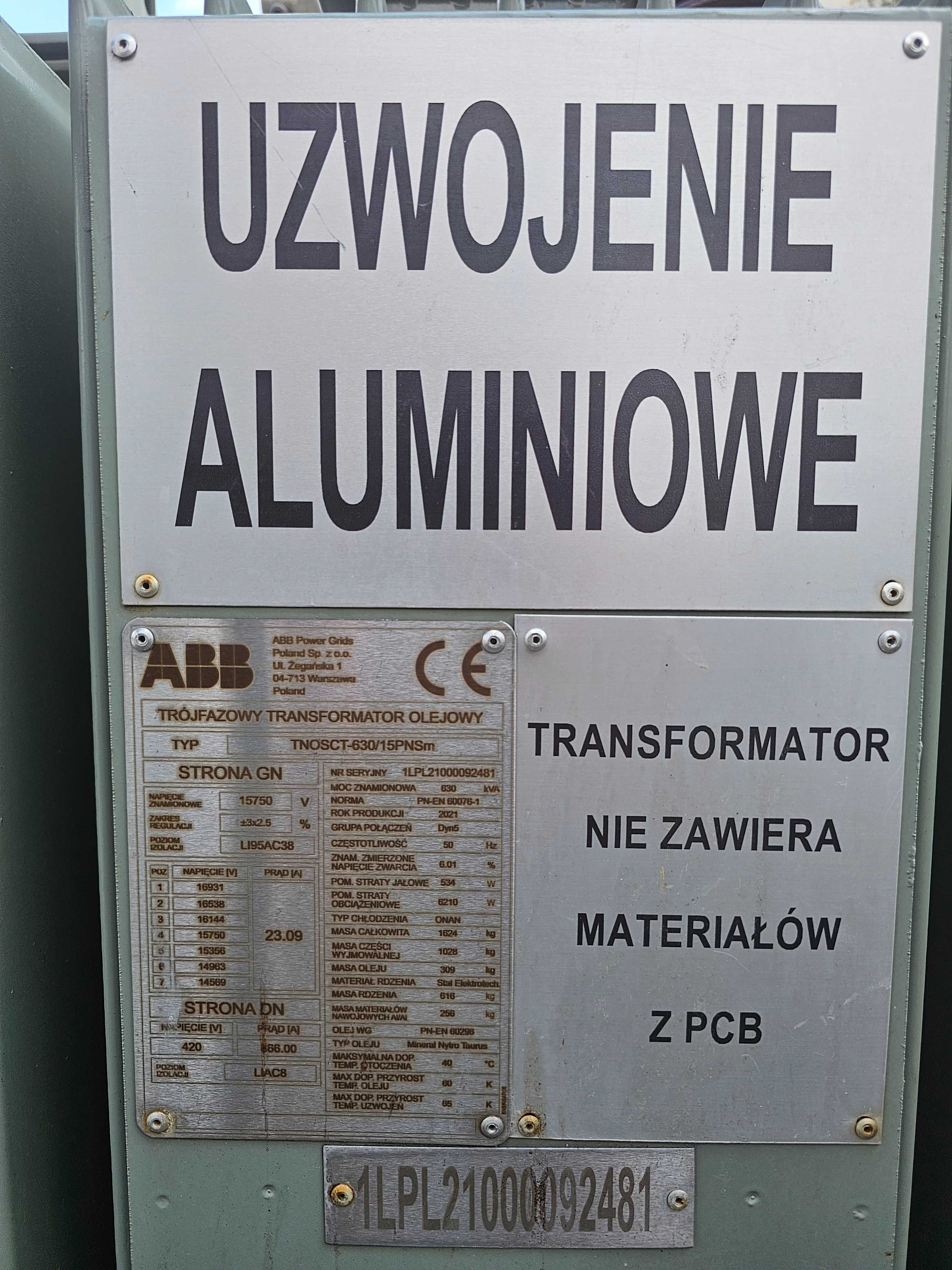 Transformator olejowy 630kVA 15.75/0.42