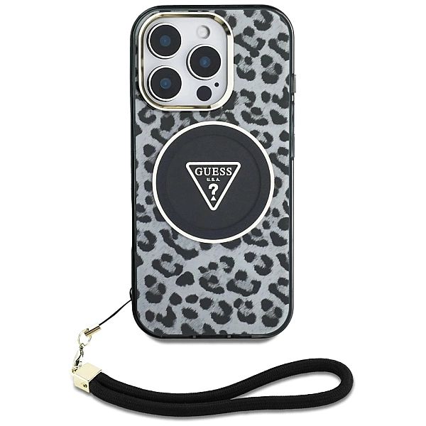 Etui Guess HC IML Leopard Triangle Cord Strap MagSafe do iPhone 16 Pro