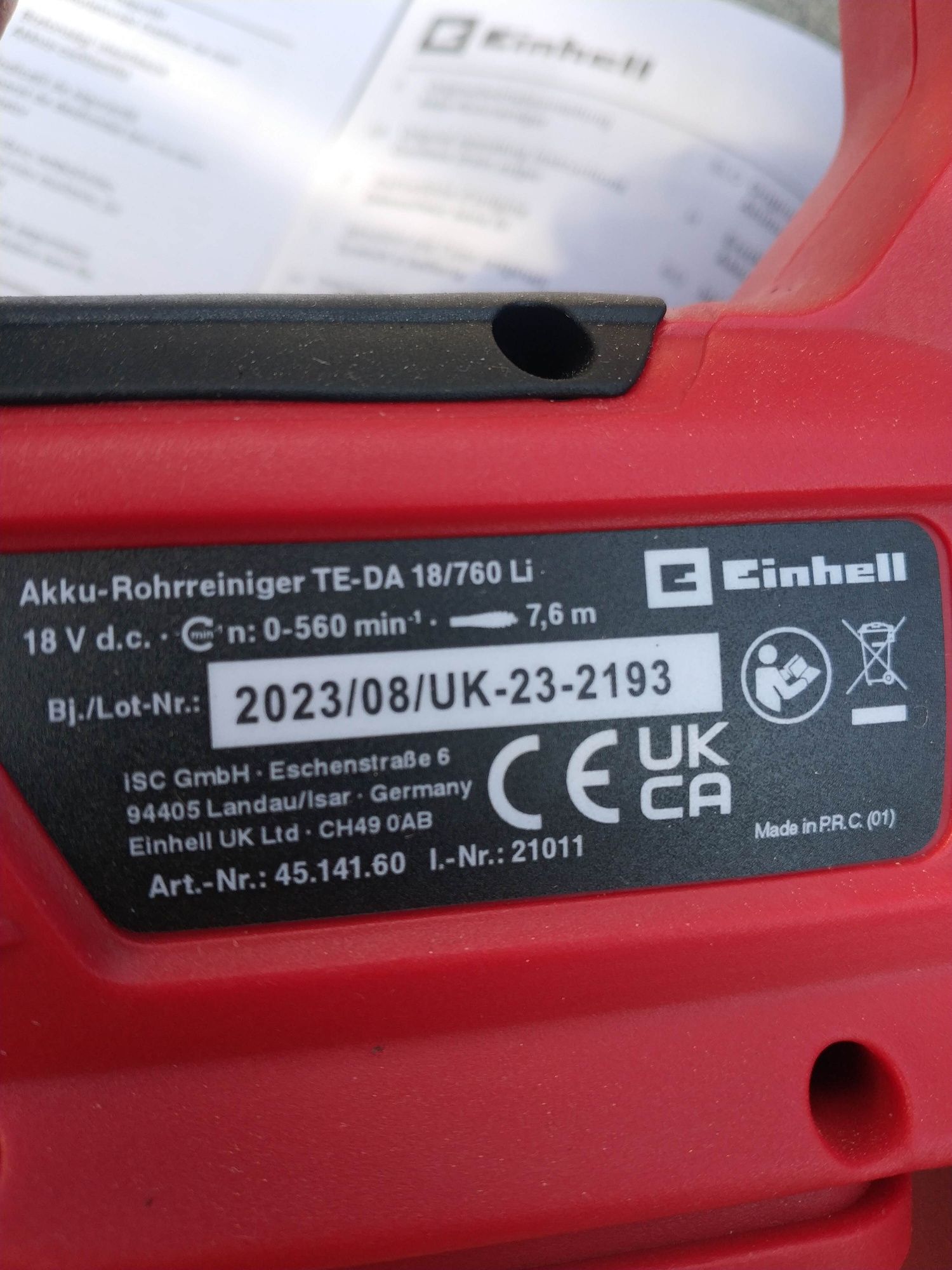 Przepychacz do rur Einhell, bateria, ładowarka, stan jak nowy