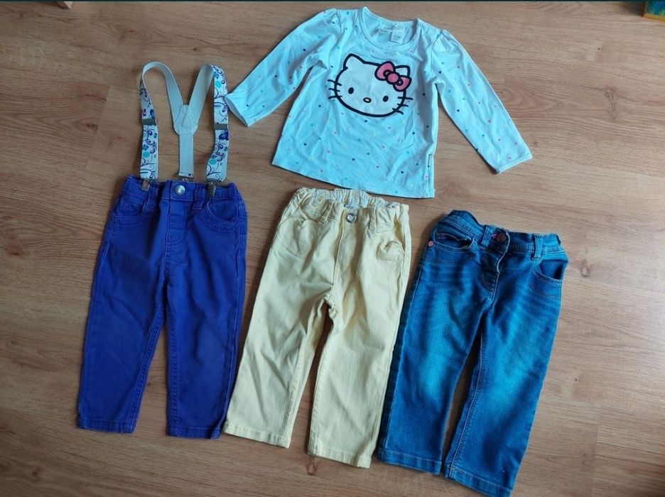 rozm. 80 zestaw NEXT H&M spodnie szelki bluzka Hello Kitty paka wiosna