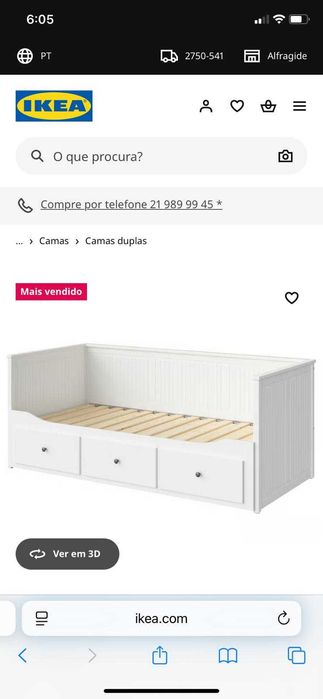 Cama IKEA indiv/dupla c/3 gav, branco, 80x200 cm
